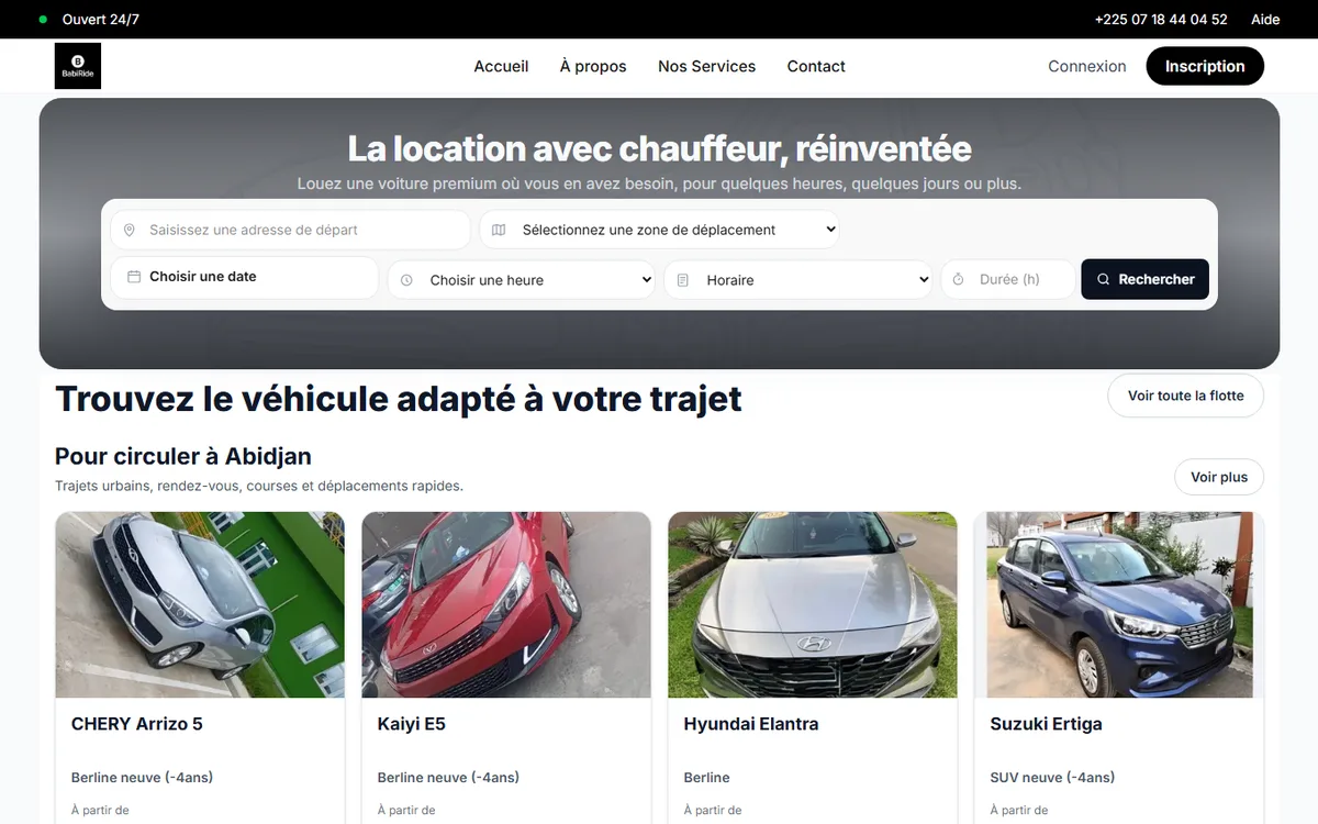 Page d’accueil du service de location BabiRide
